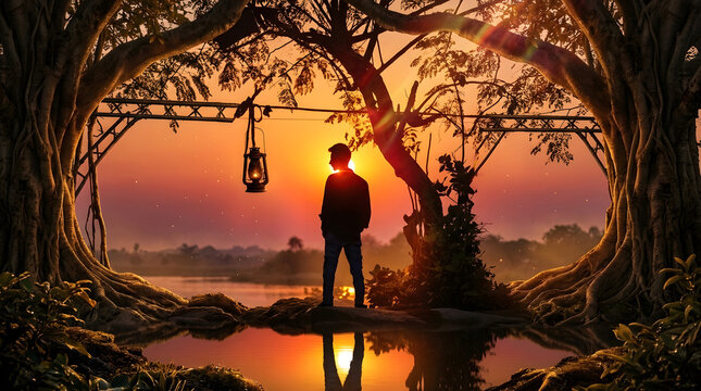 Contemplative man silhouette under large trees at golden sunset