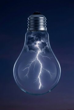 Powerful lightning strike and dark storm clouds contained within a glass lightbulb. A surreal metaphor for sudden inspiration, raw energy, and intense brainstorming sessions.