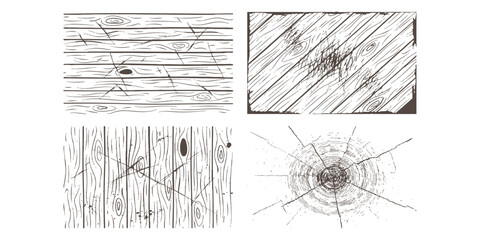 Fototapeta premium Rustic hand drawn wood grain texture background collection featuring scratched timber planks and cracked tree rings vector illustration.