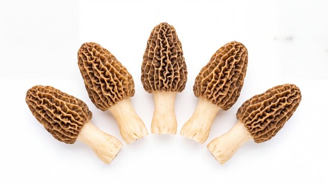 Five fresh organic morel mushrooms arranged in a semi circular pattern captured on white background