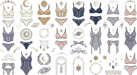 Mystical celestial lingerie and intimate apparel vector set with moon phases sun stars magic crystals and lace underwear © MstRahima