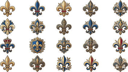Ornate fleur de lis heraldic vector set with luxury gold and blue medieval royal lily emblem decorations isolated on white background © MstRahima