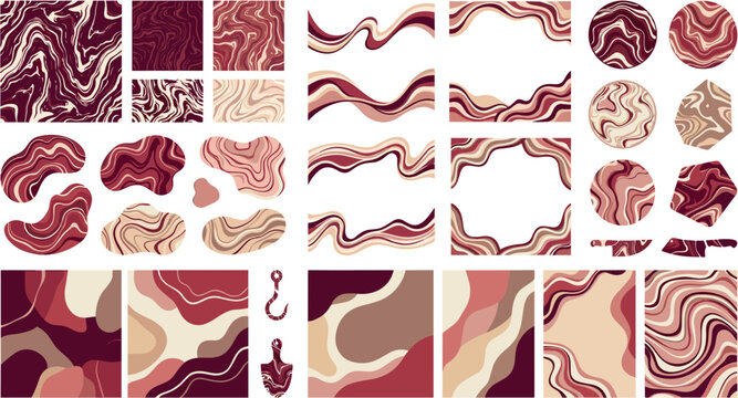 Raw beef meat marbling seamless pattern vector set with abstract textures frames badges backgrounds and butcher shop branding elements