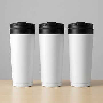 Three white travel mugs with black lids for coffee isolated on white background