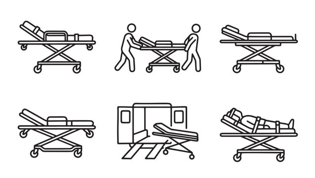 Set of medical stretcher icons for emergency transport and patient care with stretcher ambulance emergency hospital transport clinical paramedic equipment mobility assistance illustration