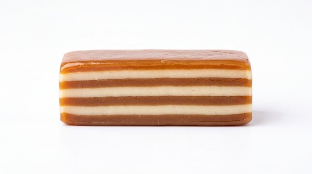 Delicious rectangular piece of layered caramel fudge candy presented in sharp focus on white background