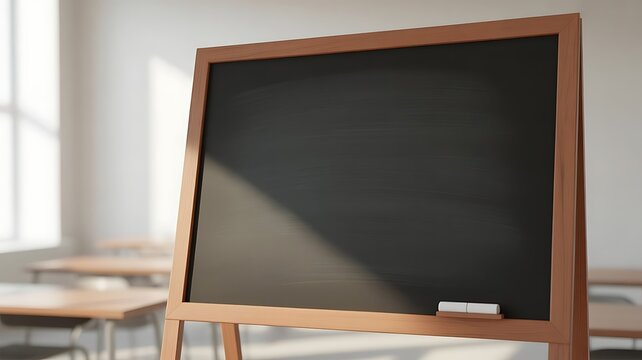 An empty wooden-framed chalkboard standing on a desk in a bright, sunlit classroom, educational backgrounds and school-related projects