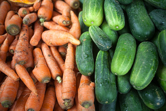 Cenouras e pepinos frescos expostos em feira livre, destacando hortali&ccedil;as da agricultura local e ingredientes da culin&aacute;ria brasileira em mercado popular tradicional.