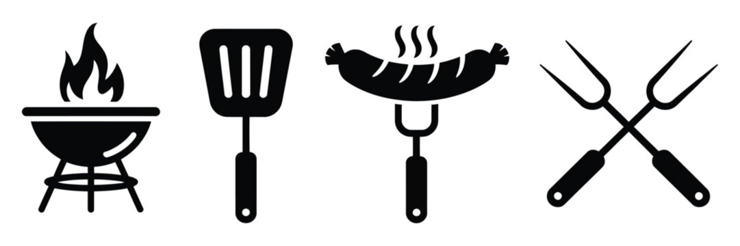 Barbecue Vector Icons with BBQ Grill, Flame, Meat, Skewers, Cooking Equipment and Outdoor Grilling Symbols for Food Design