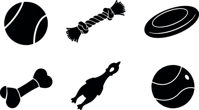 Set of black silhouette icons representing various dog toys and accessories for essential pet care and active play for your dogs