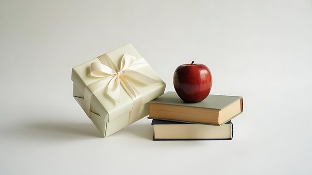 Gift box with a satin ribbon bow placed beside a stack of two hardcover books and a red apple for a teacher appreciation gift concept
