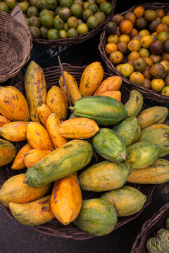 Mam&otilde;es maduros e verdes expostos em cestos de vime em feira livre brasileira, destacando frutas frescas, agricultura regional e o com&eacute;rcio tradicional em mercado p&uacute;blico.