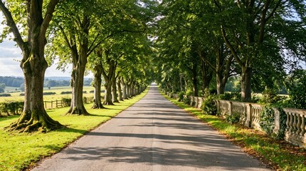 Fototapeta premium Scenic driving route through rural farmland passing large beautiful shady trees and an ornate stone wall barrier on a sunny day