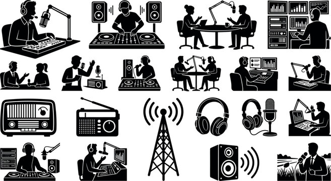 Radio broadcasting and podcasting icons set featuring hosts, djs, equipment, microphones, headphones, and transmission towers