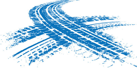 Fototapeta premium Blue grunge tire tracks crisscrossing with mud splatters and rough texture on white background vector illustration.