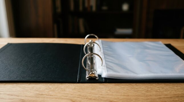Black ring binder with plastic sleeves open on wooden office desk