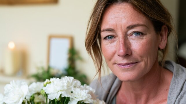 Middle-aged woman with brown hair holding a bouquet of white flowers, sitting indoors with soft lighting and a neutral background featuring a candle and a blank frame
