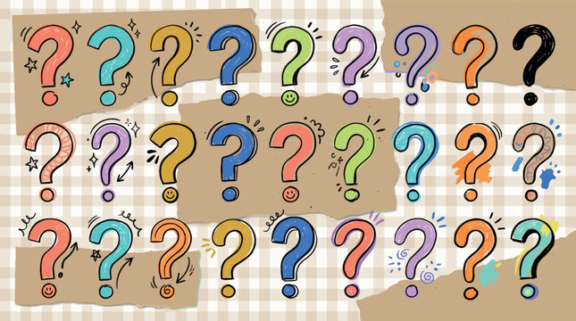 Set of colorful handdrawn question marks, doodle style query symbols for design elements