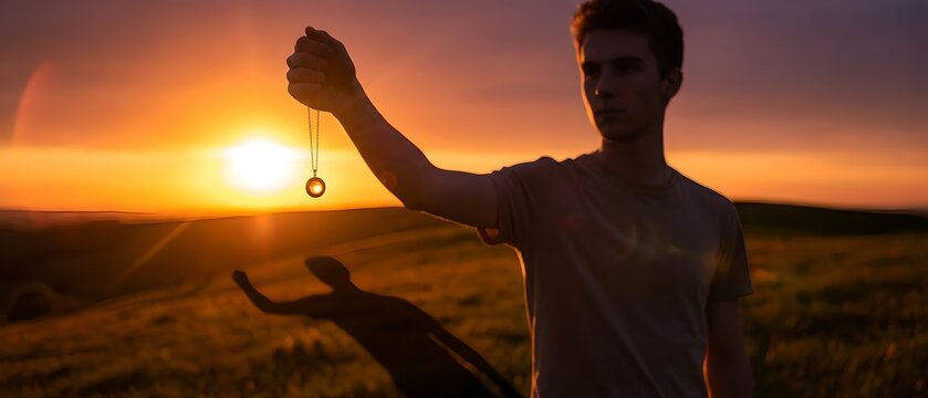 Man holding pendant aloft against vibrant sunset in open field