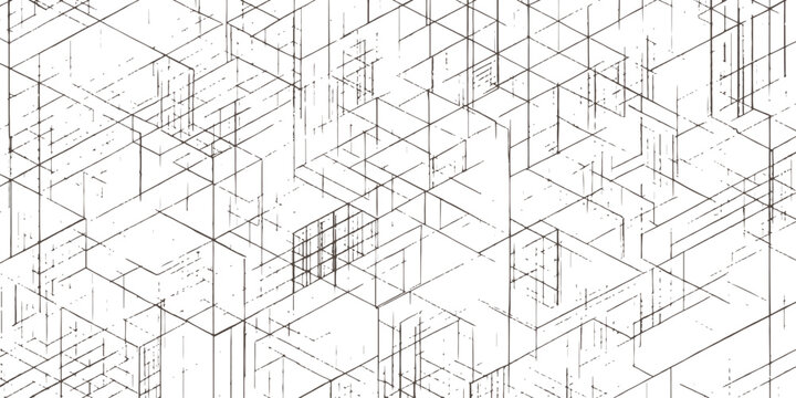Abstract isometric architectural wireframe structure with intersecting geometric lines and modern grid layout vector illustration.