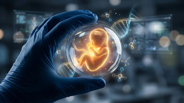 Glow human fetus in petri dish held by scientist hand, futuristic laboratory research on artificial womb, biotechnology and genetic engineering concept