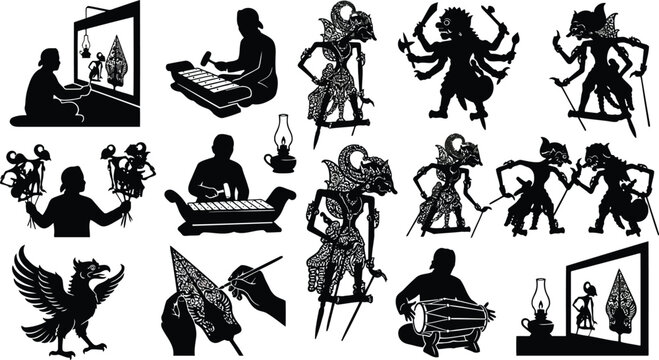 Set of black silhouettes depicting traditional indonesian wayang kulit shadow puppetry, musicians, gamelan instruments, and mythical figures