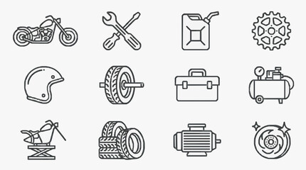 Fototapeta premium Creative Black and White Line Drawing Icons Set Featuring Motorcycle Parts and Tools for Maintenance and Repair
