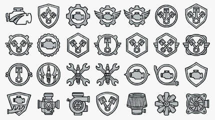 Fototapeta premium Creative Set of 36 Monochromatic Auto Engine and Mechanic Tools Icons in Shield and Circular Badges