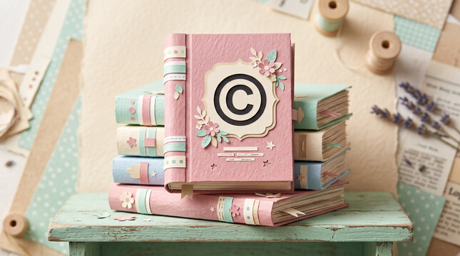Pink notebook with copyright symbol on book stack.