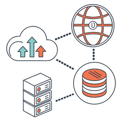 Data transfer from server to global network and database with data storage server rack data center network topology data management information technology web hosting data backup © Kholil