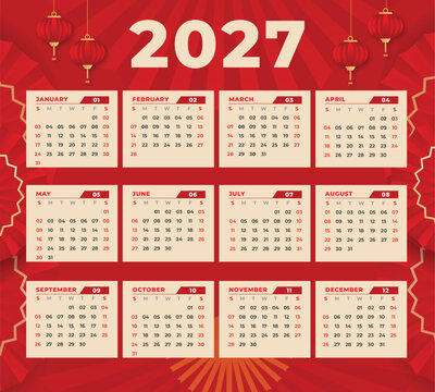 Chinese New Year 2027 Calendar with fireworks and colored numbers on texture background. Year of the goat 2027 lunar new year. 2027 calendar
