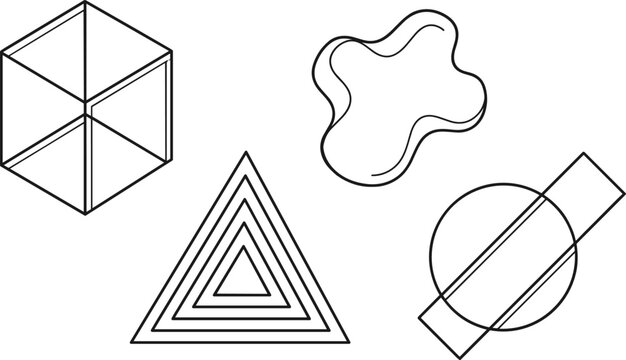 Abstract Geometric and Organic Shape Line Art Vector Set with Isometric Cube, Concentric Triangle, and Fluid Blob Elements for Minimalist Modern Graphic Designs