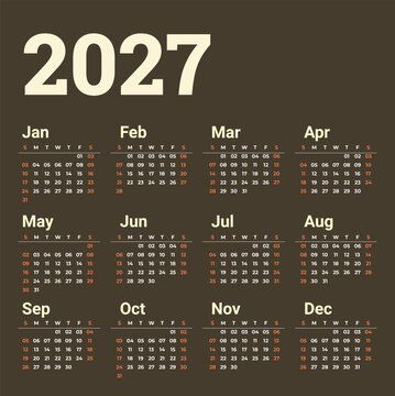Calendar 2027 year - vector illustration. Week starts on Monday. Calendar Set for 2027 year. Colorful Yearly Wall Calendar Template Layout 2027
