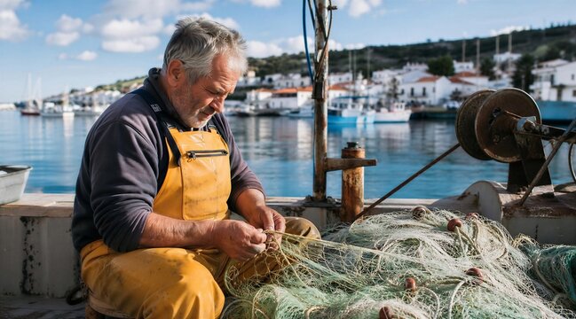 Fisherman mending nets by the sea