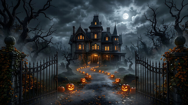 Haunted mansion at night with eerie moonlight. Spooky old house with glowing windows, dark trees, and foggy pathway, creating a mysterious and chil...