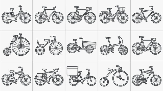 Dynamic Black and White Line Drawing Collection of Various Bicycle Types and Styles for Design Projects
