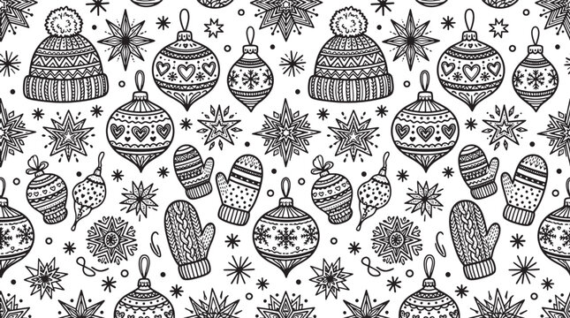 Seamless Christmas pattern with hand drawn winter ornaments hats mittens and snowflakes in black and white line art style