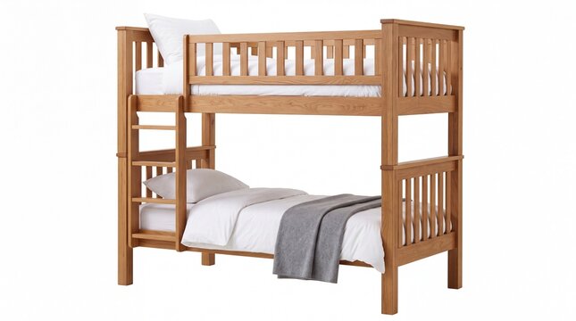 Sturdy wooden bunk bed frame featuring comfortable white bedding and a grey blanket on white background