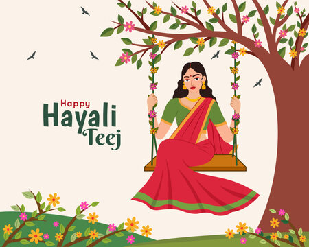 indian women swing on jhula celebrated hariyali teej festival of india vector illustration