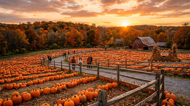Harvesting pumpkins at sunset. Autumn farm scene with ripe gourds and vibrant fall colors