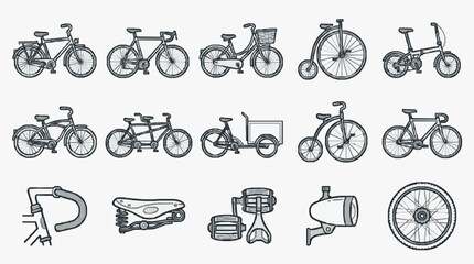 Industrial Black and White Line Drawing Collection of Various Bicycles and Bike Components for Designers and Engineers © Zali