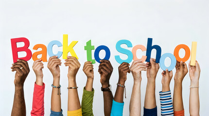 Fototapeta premium Diverse group of hands raising colorful letters spell 'Back to School' against white background.