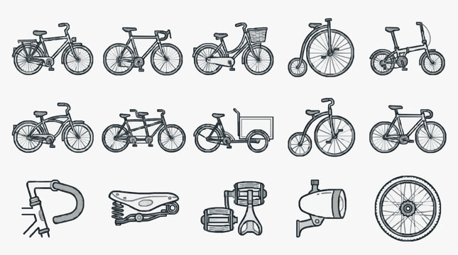 Industrial Black and White Line Drawing Collection of Various Bicycles and Bike Components for Designers and Engineers