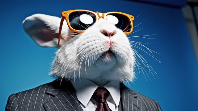 White rabbit in pinstripe suit and sunglasses on blue background