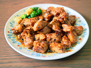 Fototapeta premium Japanese-style diced pork steak with onsen egg.