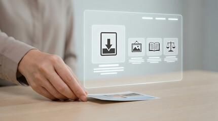 Naklejka premium Modern technology concept of digital data management with a holographic interface for downloading photos, managing legal rights, and documentation.
