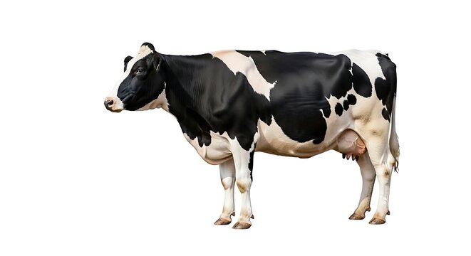 A full-body side profile of a black and white dairy cow standing against a clean white background.