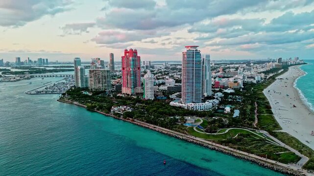 Luxury aerial landscape. South pointe. Skyscraper architecture in Miami. Miami south beach aerial. Skyscraper at south pointe park. Luxury hotel skyscraper. Aerial Miami beach. Miami vibe