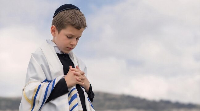 Young boy praying with tallit and kippah