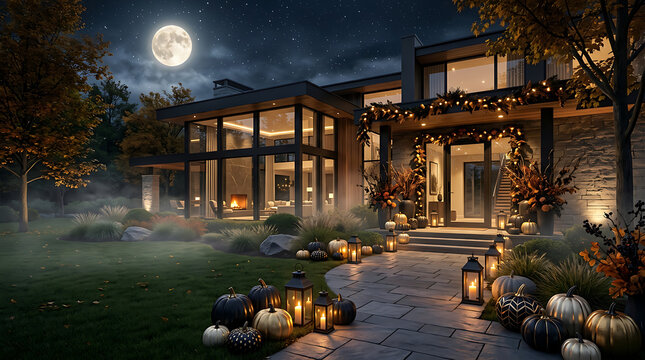 Luxury modern house exterior at night with warm lighting. Elegant home with garden and outdoor decor.